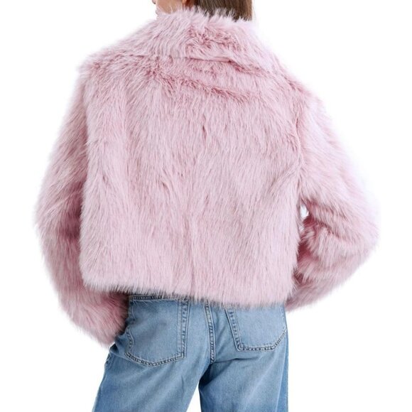 Women's Faux Fur Zip-Up Cropped Jacket Long Sleeve Warm Winter Coat Pink - Picture 3 of 5